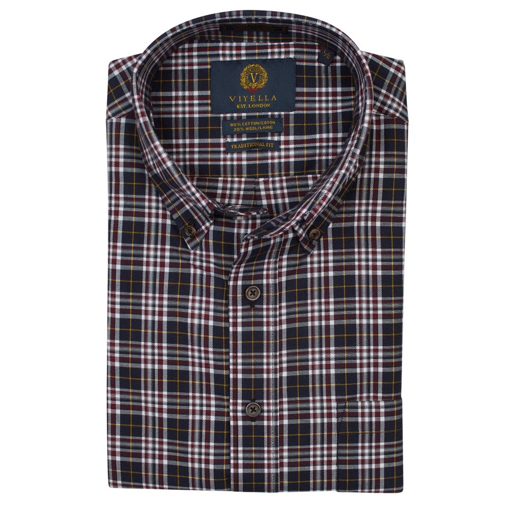 Black, Burgundy, and Gold Plaid Cotton and Wool Blend Button-Down Shirt by Viyella