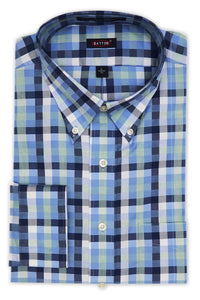 'Kaiden' Navy, Blue, and Teal Check Long Sleeve Beyond Non-Iron® Cotton Sport Shirt by Batton