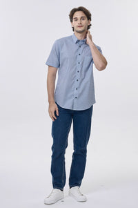 Blue and White Micro Geometric Print Short Sleeve No-Iron Cotton Sport Shirt with Hidden Button Down Collar by Leo Chevalier