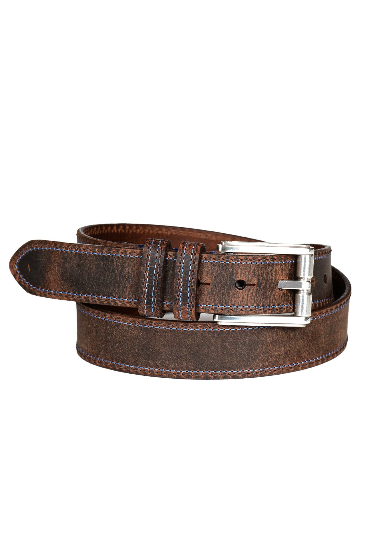 Distressed Waxed Harness Leather Belt in Brown with Brown and Blue Stitching by Torino Leather
