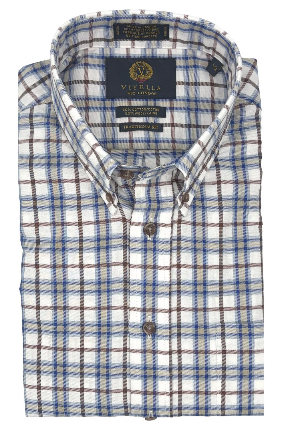 Sage, Blue, and Brown Plaid Cotton and Wool Blend Button-Down Shirt by Viyella