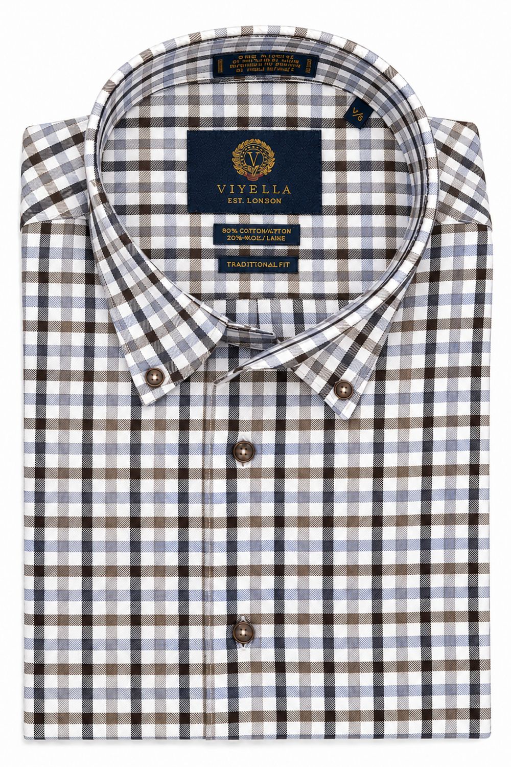 Denim Blue, Taupe, and Brown Plaid Cotton and Wool Blend Button-Down Shirt by Viyella