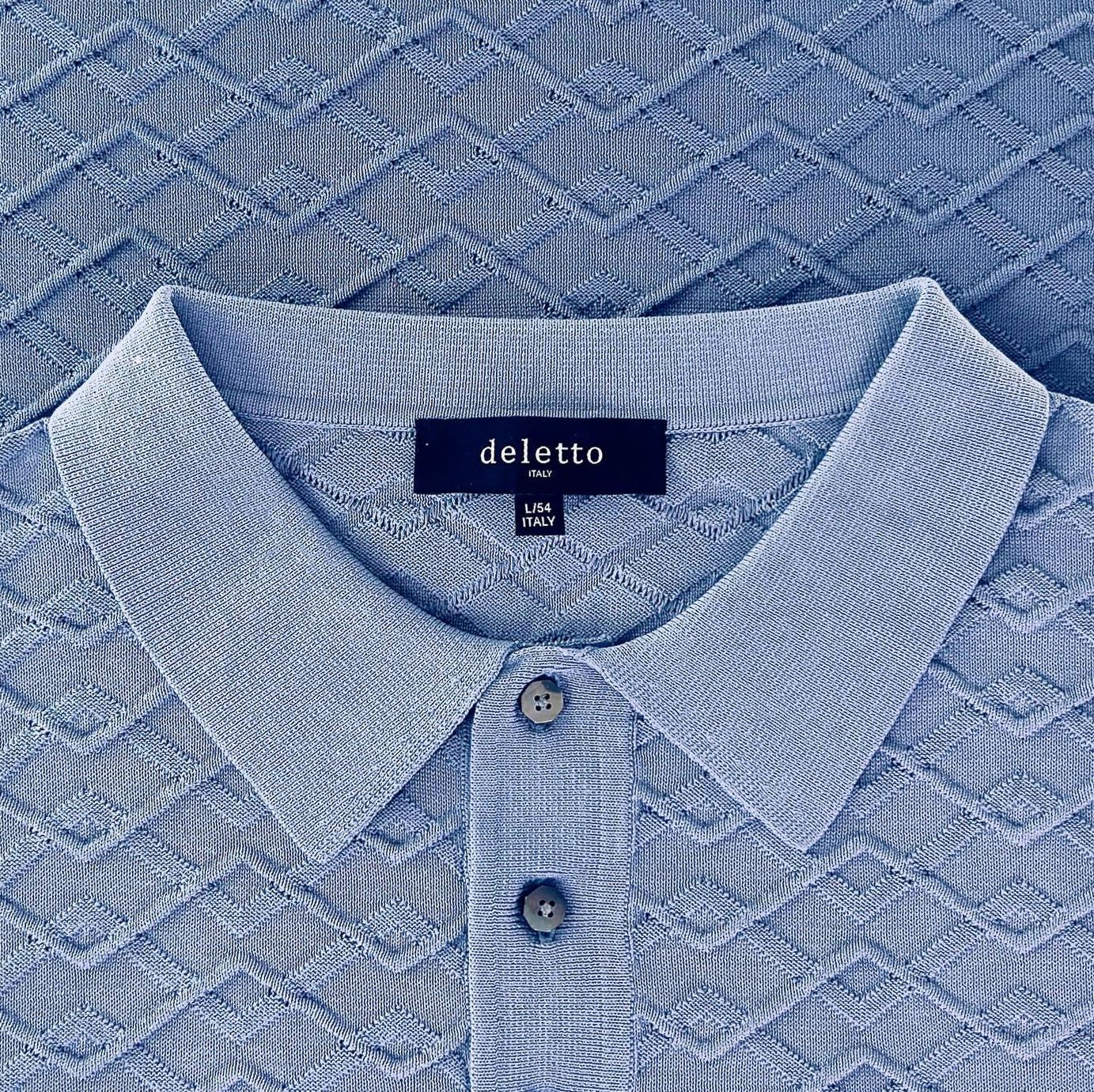 Pio Geometric Plated Knit Silk and Cotton Button-Neck Polo in Light Slate Blue by Deletto Italy
