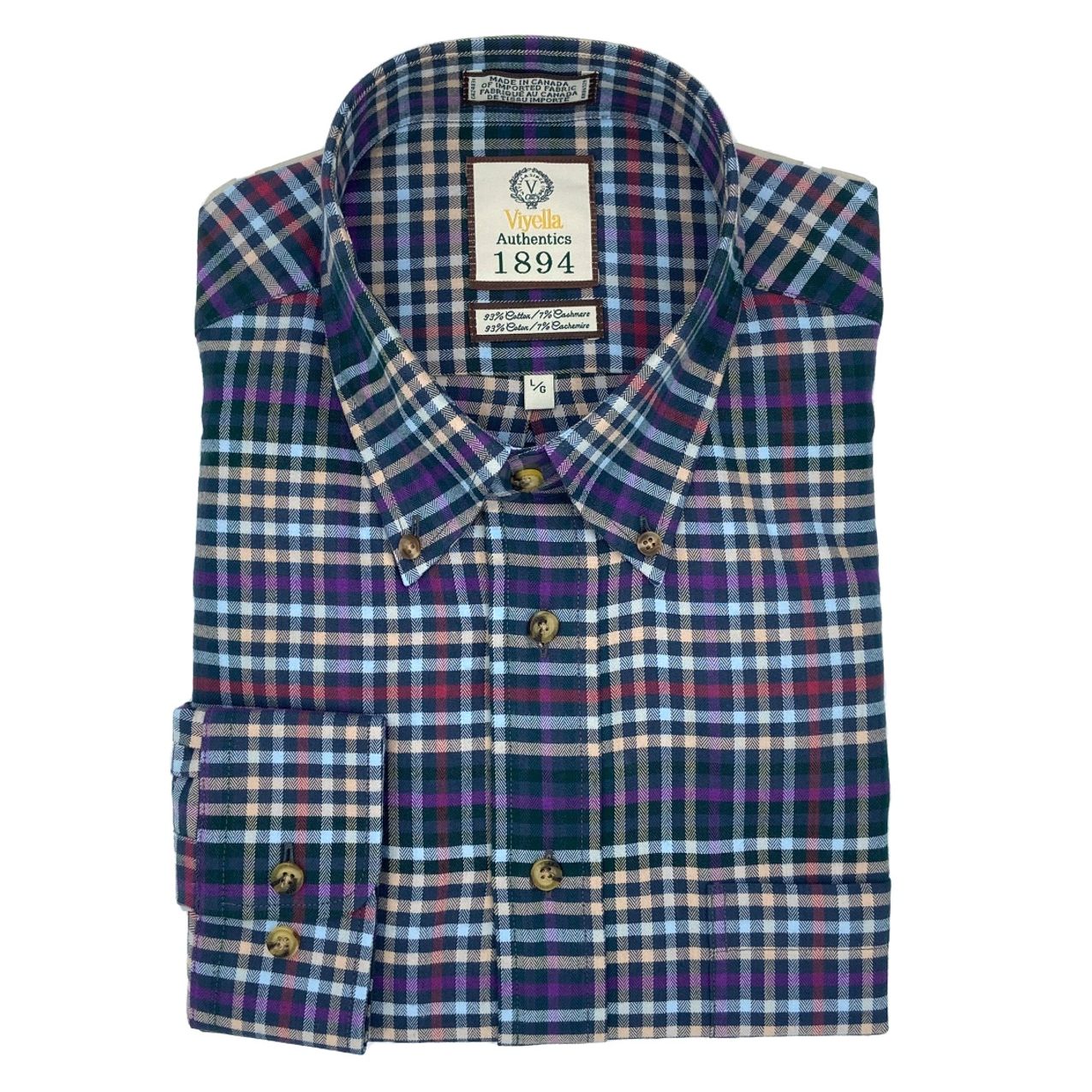 Navy and Purple Herringbone Plaid Cotton and Cashmere Blend '1894 Authentics' Button-Down Shirt by Viyella