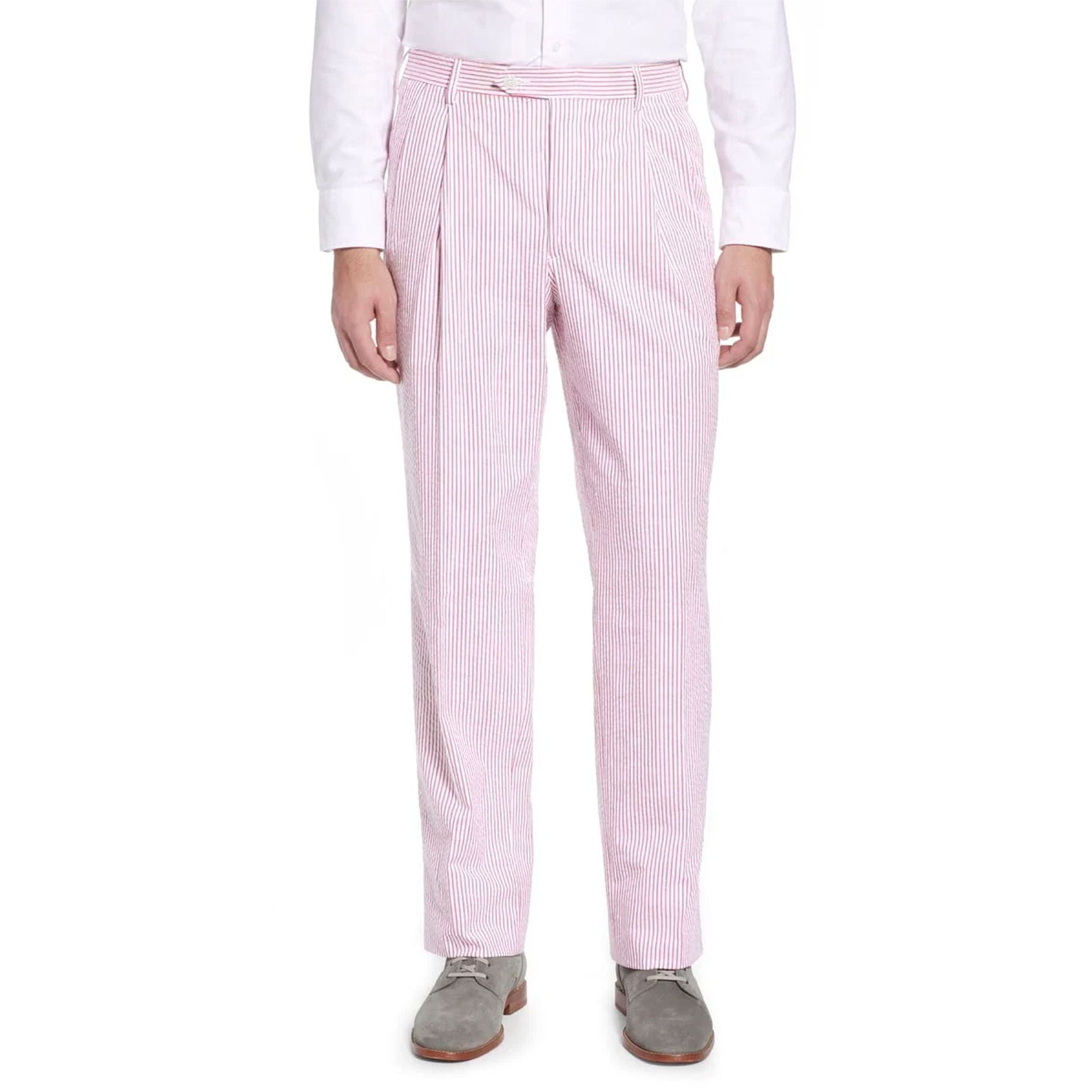 Seersucker Cotton Pant in Pink and White (Windsor Double Reverse Pleat) by Berle