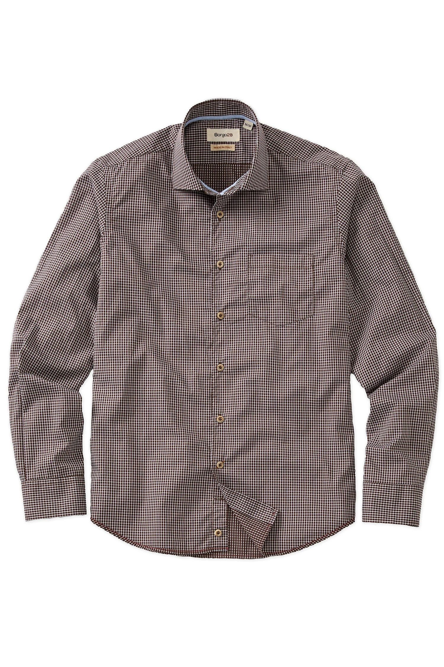 Italian Twill Micro Check Long-Sleeve Sport Shirt in Brown by Borgo28