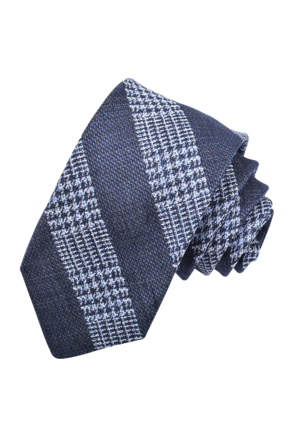 Navy, Sky, and White Cotton, Linen, and Silk Glencheck Heathertone Woven Jacquard Tie by Dion Neckwear