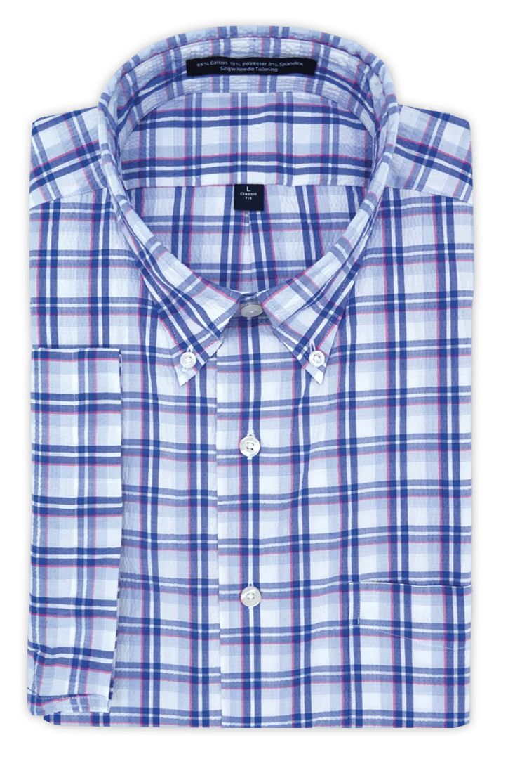 'Kele' Blue, White, and Red Short Sleeve Performance Seersucker Sport Shirt by Batton