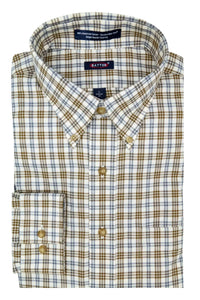 'Jeremiah' Coffee and Stone Grey Plaid Long Sleeve Beyond Non-Iron® Cotton Sport Shirt by Batton