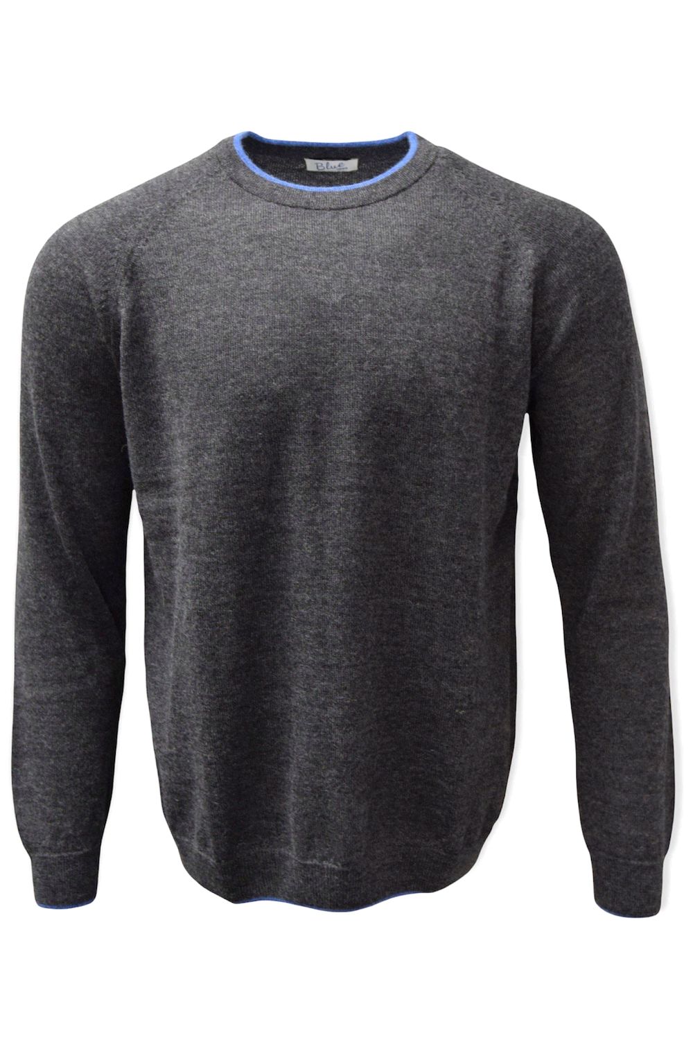 Baby Alpaca Raglan Sleeve Crew Neck Sweater with Contrast Trim in Dark Grey/Surf by Blue 1899