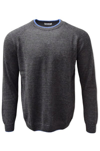 Baby Alpaca Raglan Sleeve Crew Neck Sweater with Contrast Trim in Dark Grey/Surf by Blue 1899