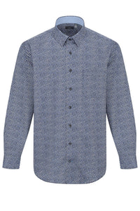 Multi Blue Dot Print Cotton Sport Shirt with Hidden Button Down Collar by Leo Chevalier