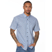 Sky Blue Geometric Print Short Sleeve No-Iron Cotton Sport Shirt with Hidden Button Down Collar by Leo Chevalier