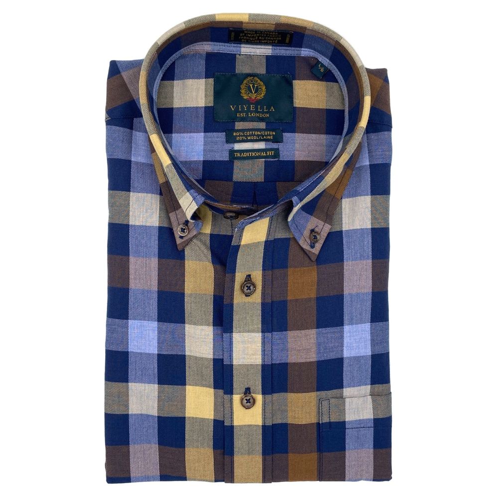 Navy and Gold Multi Plaid Cotton and Wool Blend Button-Down Shirt by Viyella