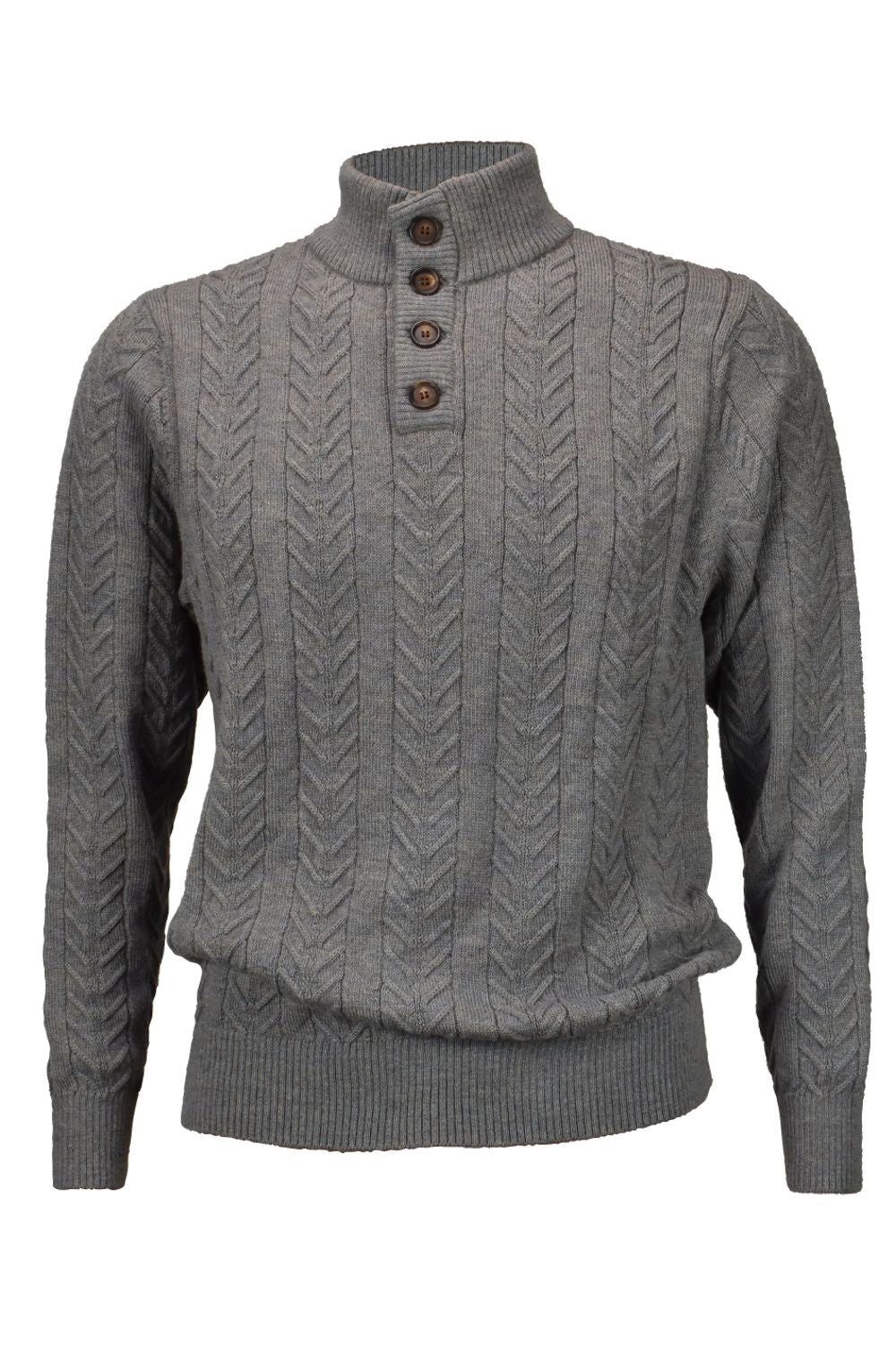 Royal Alpaca Cable Knit Button-Mock Sweater in Sky Grey Heather by Peru Unlimited