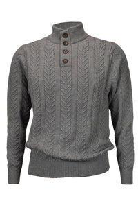Royal Alpaca Cable Knit Button-Mock Sweater in Sky Grey Heather by Peru Unlimited