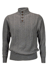 Royal Alpaca Cable Knit Button-Mock Sweater in Sky Grey Heather by Peru Unlimited