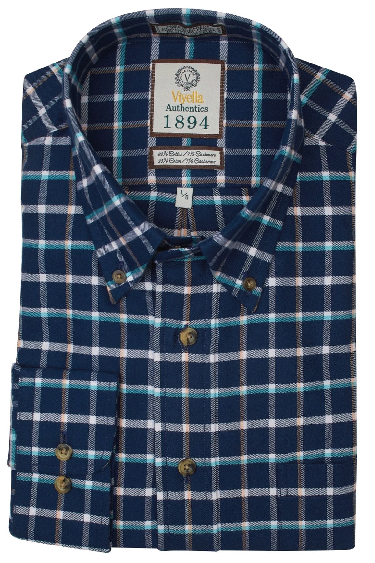 Navy, Aqua, and Gold Multi Plaid Cotton and Cashmere Blend '1894 Authe Navy, Aqua, and Gold Multi Plaid Cotton and Cashmere Blend '1894 Authe