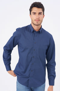 Navy and Blue Printed Circle Cotton Sport Shirt with Hidden Button Down Collar by Leo Chevalier