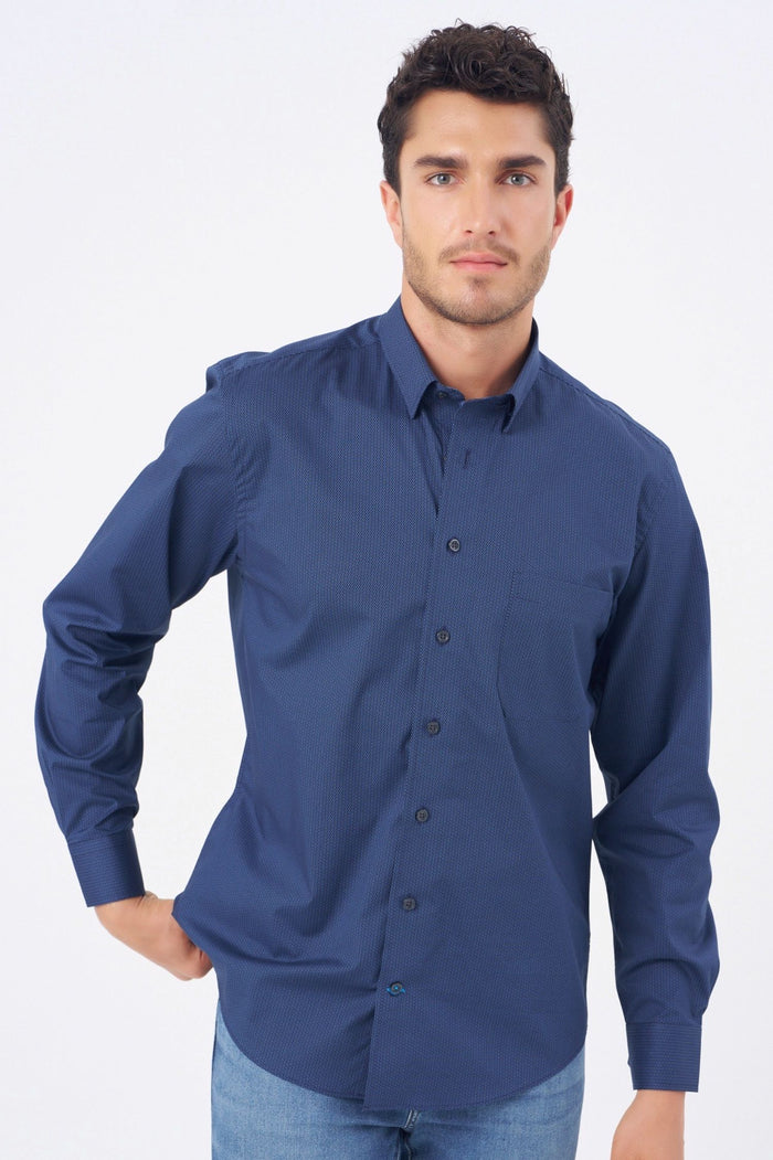 Navy and Blue Printed Circle Cotton Sport Shirt with Hidden Button Down Collar by Leo Chevalier