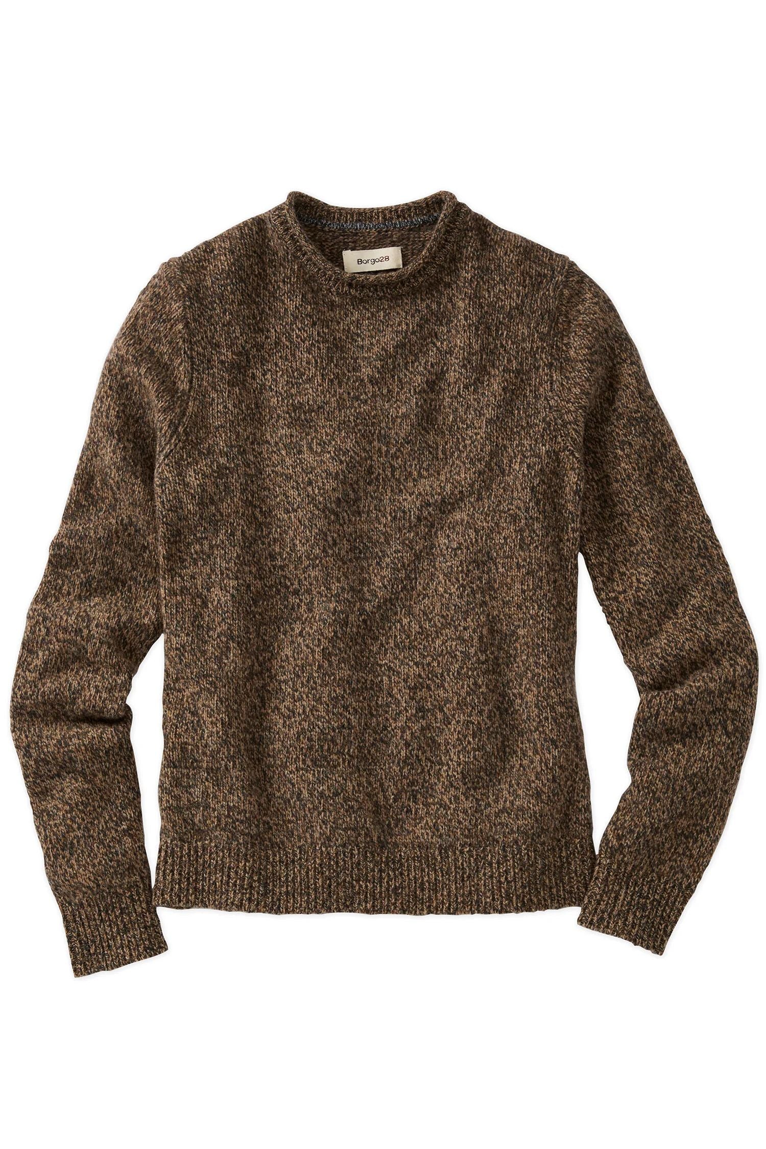 Extra Fine Merino Wool Raw Crew Neck Mouline Sweater in Brown by Borgo28