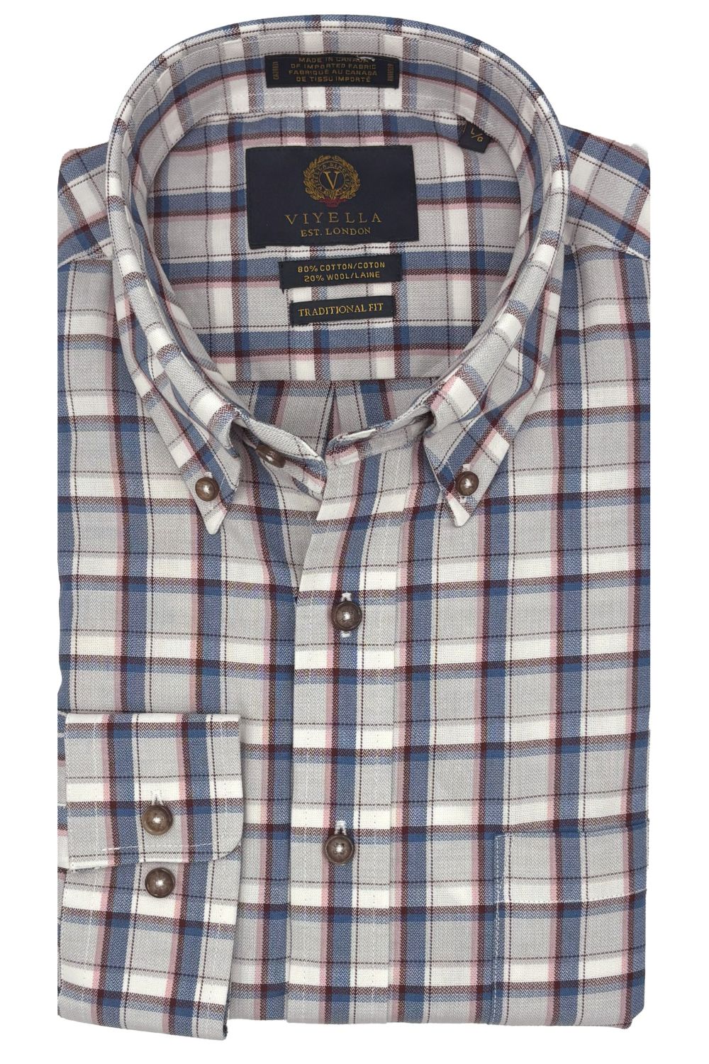Light Grey, Blue, and Pink Plaid Cotton and Wool Blend Button-Down Shirt by Viyella