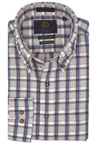 Light Grey, Blue, and Pink Plaid Cotton and Wool Blend Button-Down Shirt by Viyella
