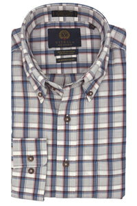 Light Grey, Blue, and Pink Plaid Cotton and Wool Blend Button-Down Shirt by Viyella