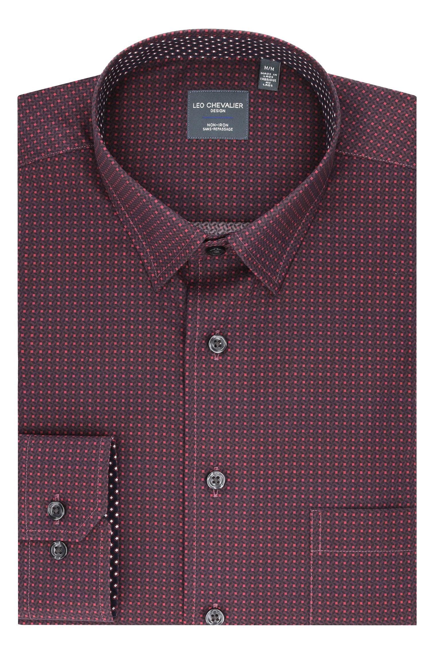 Burgundy, Black, and Wine Geometric Cotton Sport Shirt with Hidden Button Down Collar by Leo Chevalier