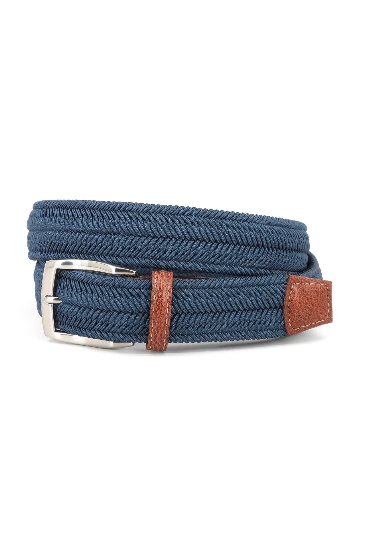 Italian Woven Herringbone Stretch Rayon Casual Belt in Navy by Torino Leather