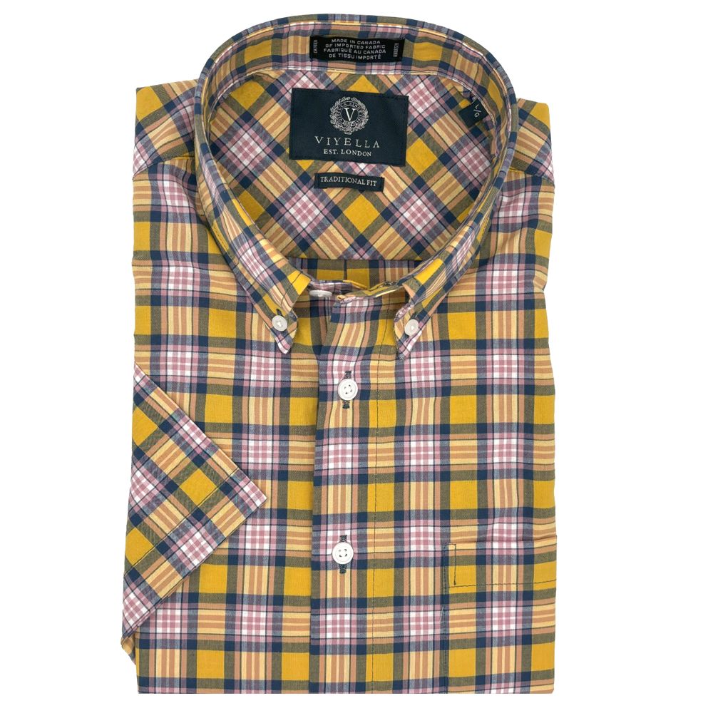 Yellow, Navy, and Pink Plaid Short Sleeve Stretch Cotton Sport Shirt by Viyella