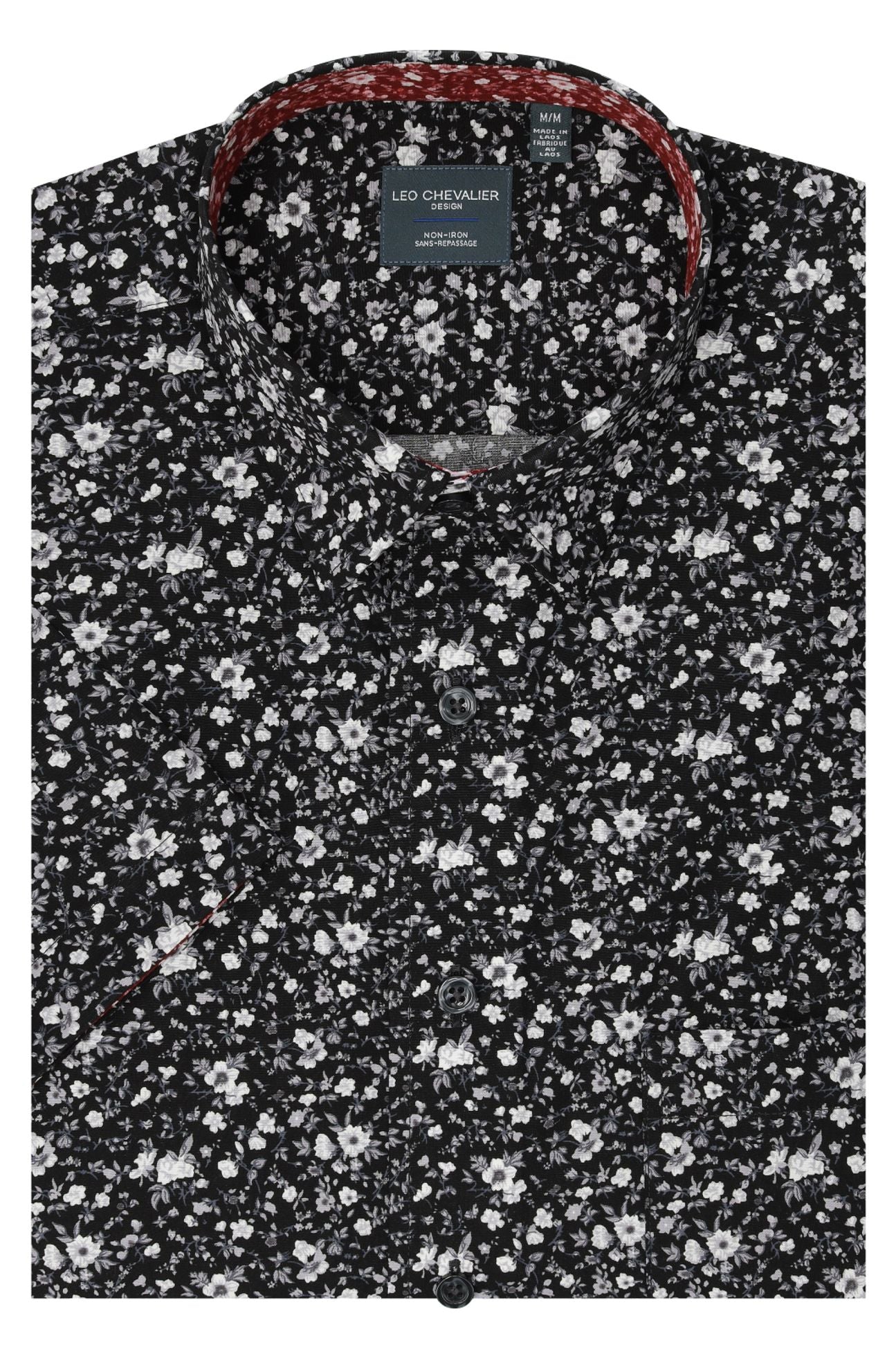 Black and Grey Floral Print Short Sleeve No-Iron Cotton Sport Shirt with Hidden Button Down Collar by Leo Chevalier