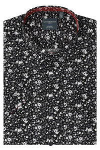 Black and Grey Floral Print Short Sleeve No-Iron Cotton Sport Shirt with Hidden Button Down Collar by Leo Chevalier