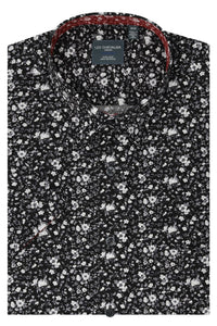Black and Grey Floral Print Short Sleeve No-Iron Cotton Sport Shirt with Hidden Button Down Collar by Leo Chevalier