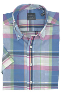 Blue, Pink, and Navy Multi Plaid Woven Short Sleeve No-Iron Cotton Sport Shirt with Button Down Collar by Leo Chevalier