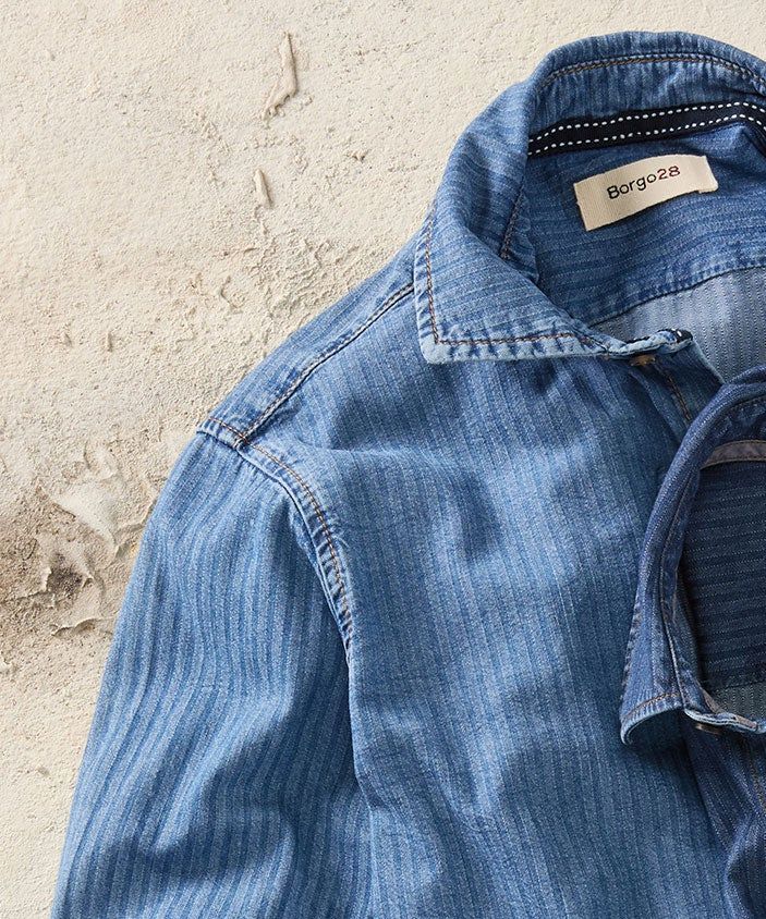 Italian Denim Herringbone Long Sleeve Sport Shirt in Choice of Colors by Borgo28