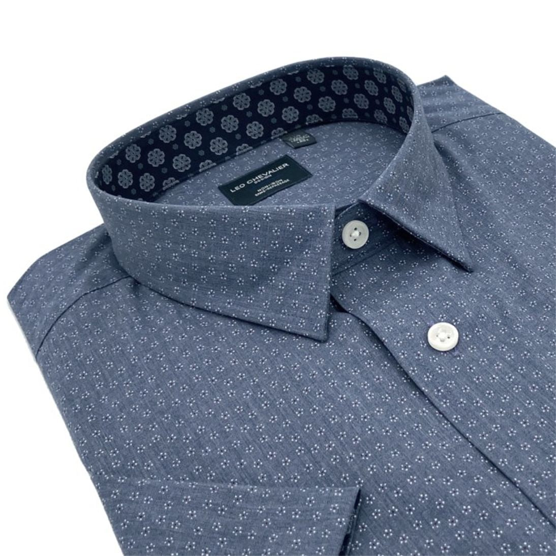 Grey Neat Print Short Sleeve No-Iron Cotton Sport Shirt with Hidden Button Down Collar by Leo Chevalier