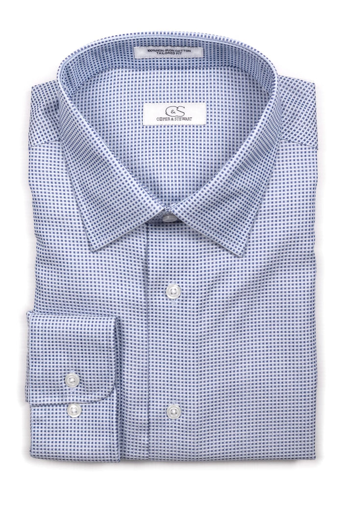 Blue, Sky, and White Geo Dot Wrinkle-Free Cotton Dress Shirt with Spread Collar by Cooper & Stewart