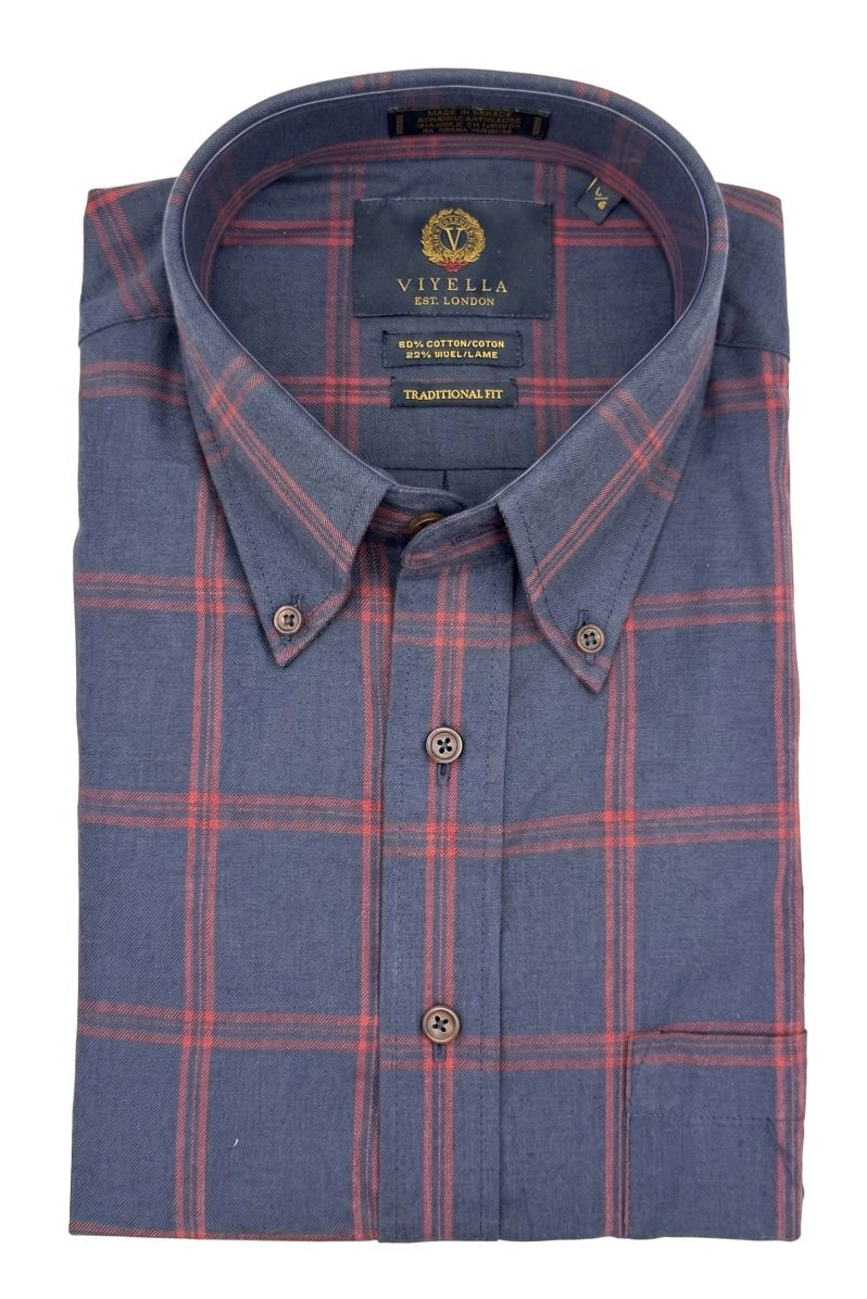 Blue and Red Windowpane Check Cotton and Wool Blend Button-Down Shirt by Viyella