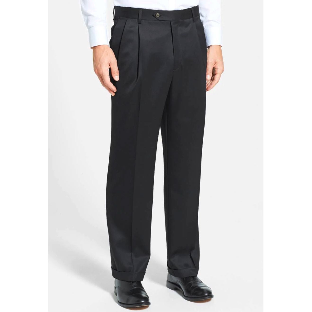 Super 100s Worsted Wool Gabardine Trouser in Black (Milan Double Reverse Pleated Fit - Regular & Long Rise) by Berle