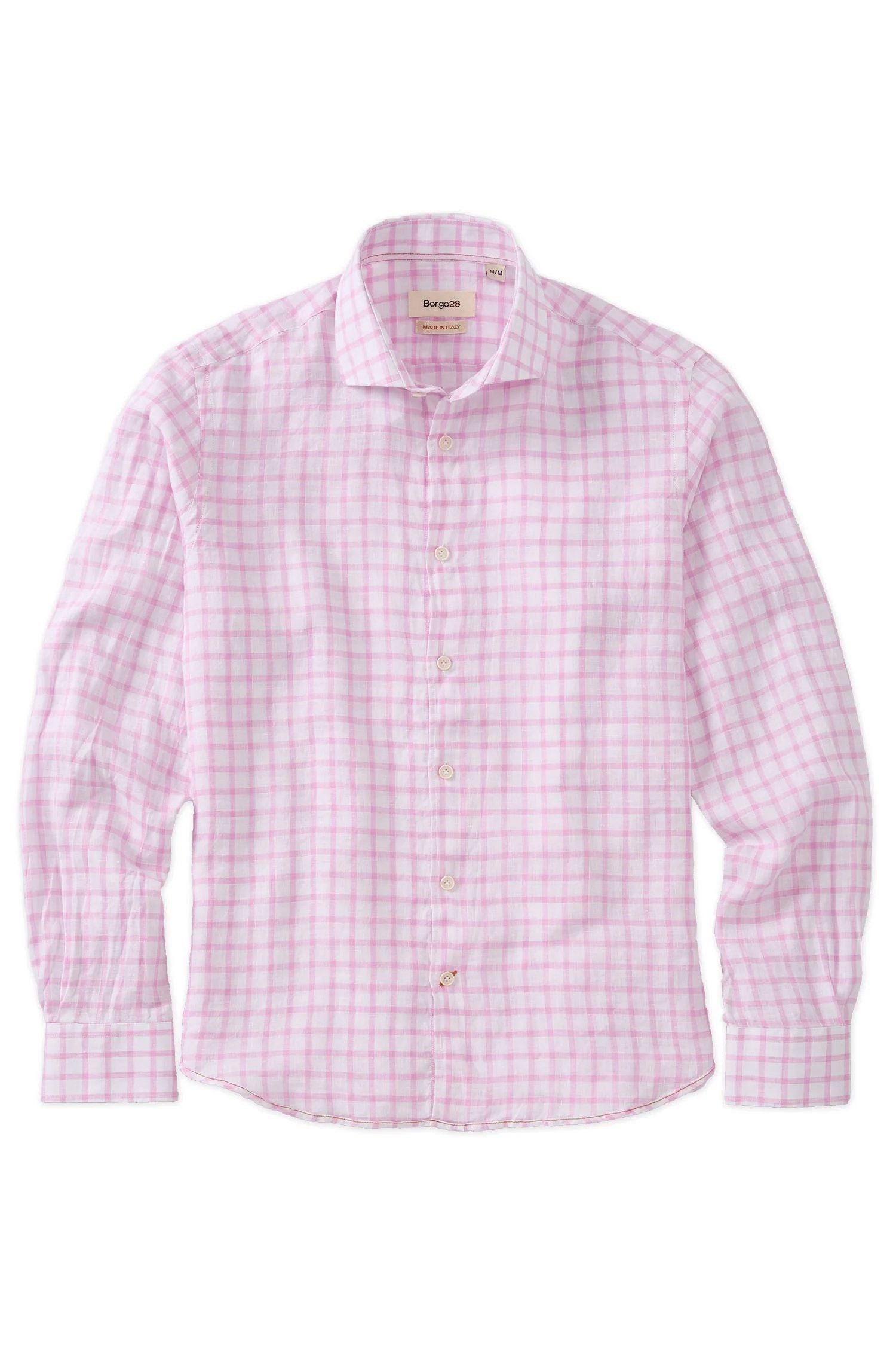 Italian Windowpane Plaid Linen Long-Sleeve Sport Shirt in Pink by Borgo28