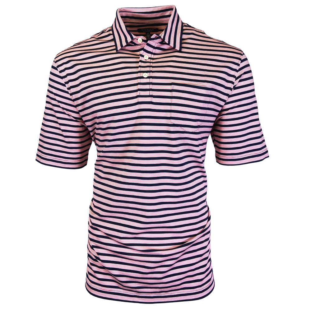 Triple Stripe Cotton Stretch Polo in Coral and Navy by Viyella
