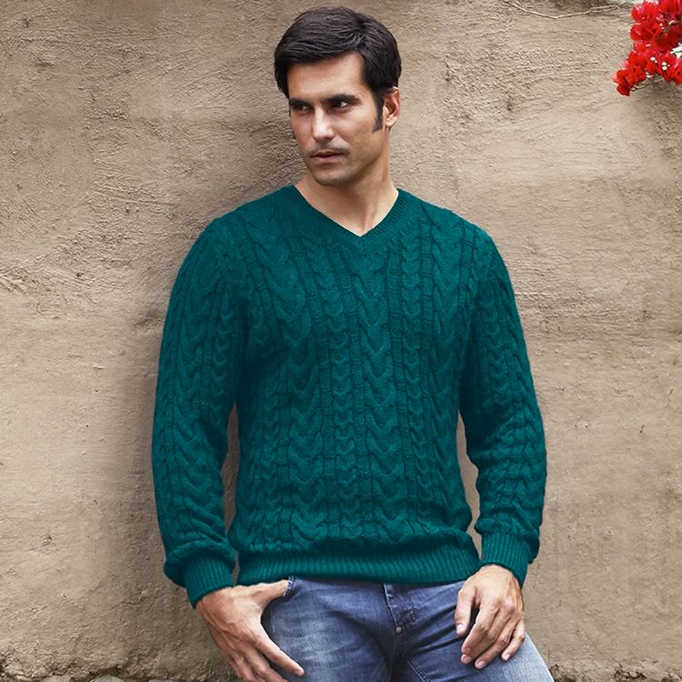 Baby Alpaca Cable Knit V-Neck Sweater (Choice of Colors) by Peru Unlimited