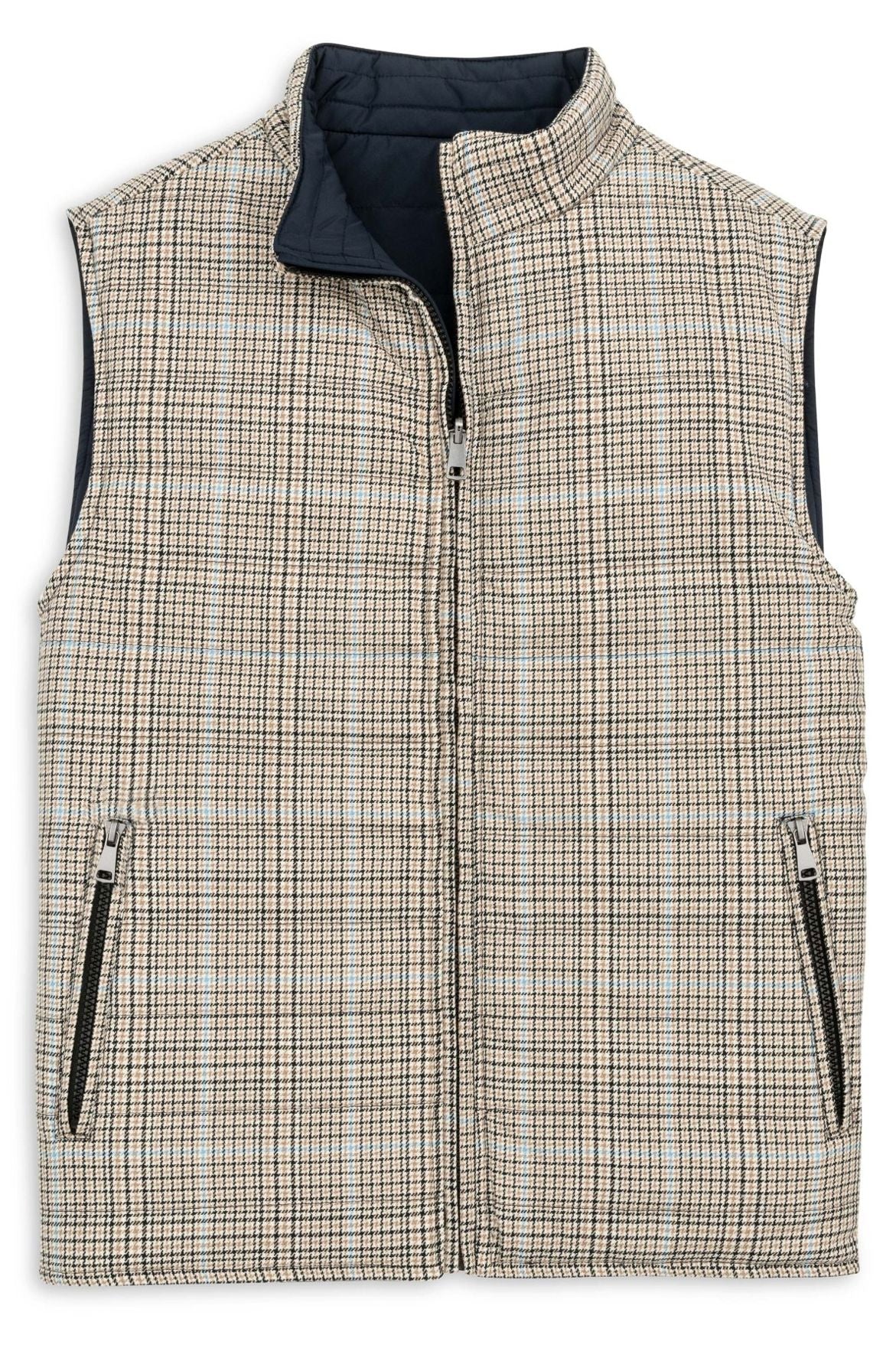 Reversible Wool Blend Houndstooth Quilted Vest in Khaki Plaid/Navy by Scott Barber