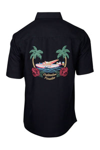 'Destination Paradise' Embroidered Seaplane Short Sleeve Resort Hawaiian Shirt in Black by Weekender