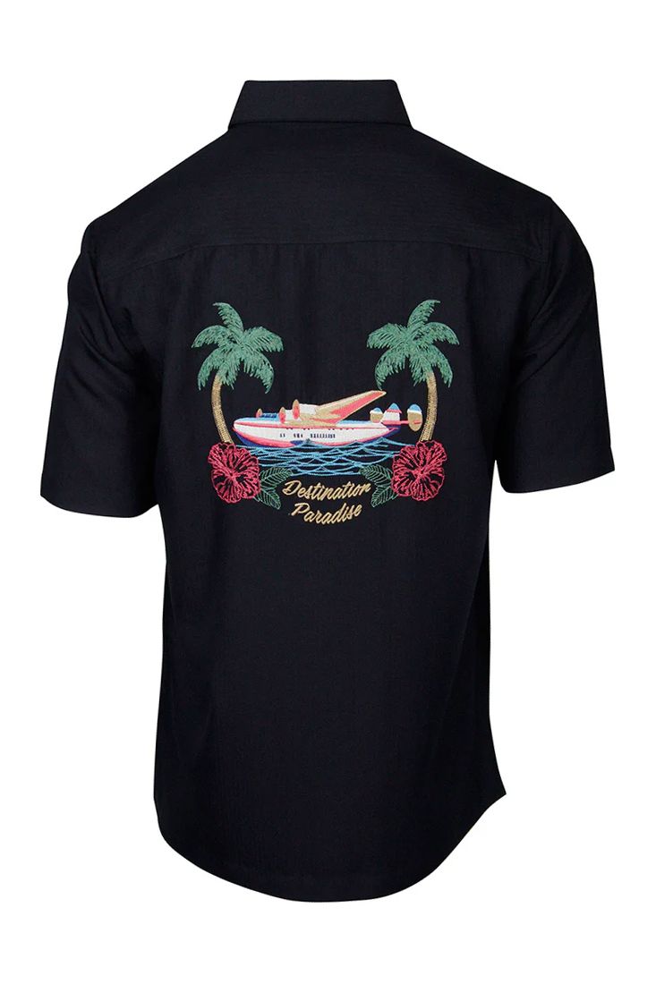 'Destination Paradise' Embroidered Seaplane Short Sleeve Resort Hawaiian Shirt in Black by Weekender