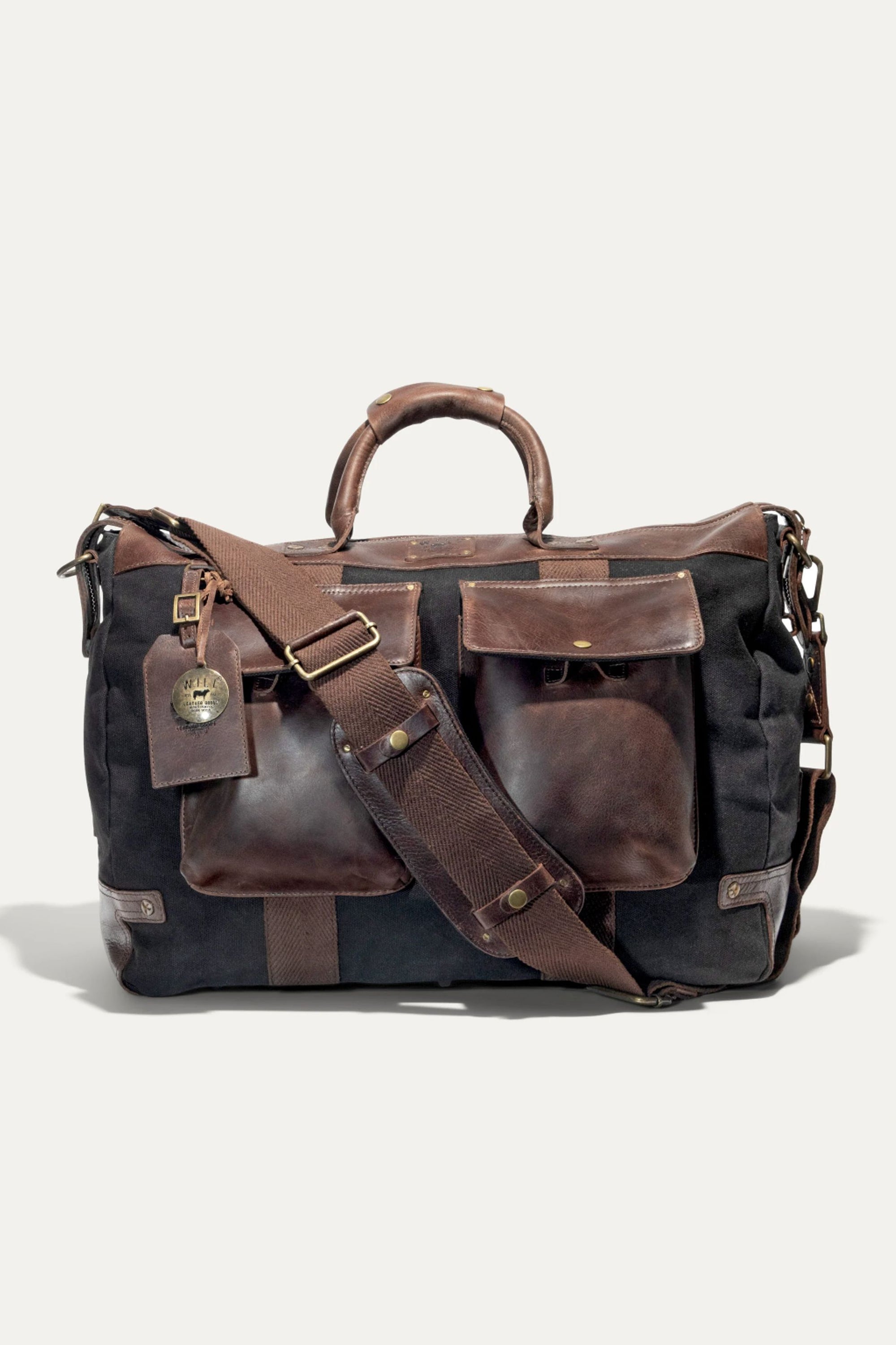 Canvas and Leather Travel Duffle in Black with Brown Leather by Will Leather Goods