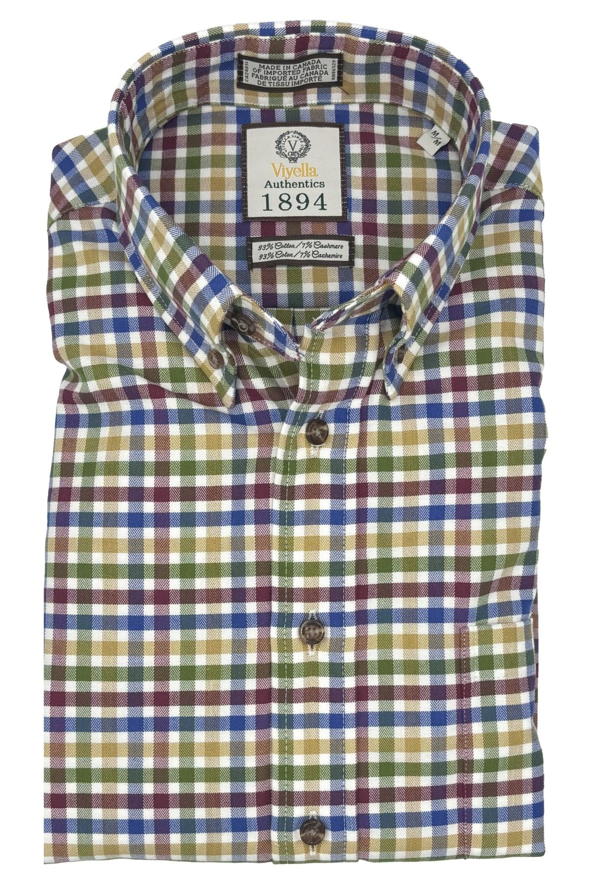 Olive, Blue, and Burgundy Herringbone Multi Plaid Cotton and Cashmere Blend '1894 Authentics' Button-Down Shirt by Viyella