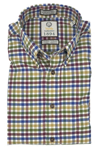 Olive, Blue, and Burgundy Herringbone Multi Plaid Cotton and Cashmere Blend '1894 Authentics' Button-Down Shirt by Viyella