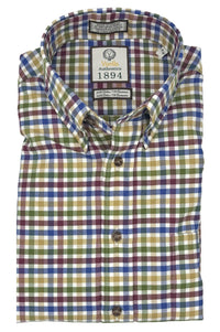 Olive, Blue, and Burgundy Herringbone Multi Plaid Cotton and Cashmere Blend '1894 Authentics' Button-Down Shirt by Viyella
